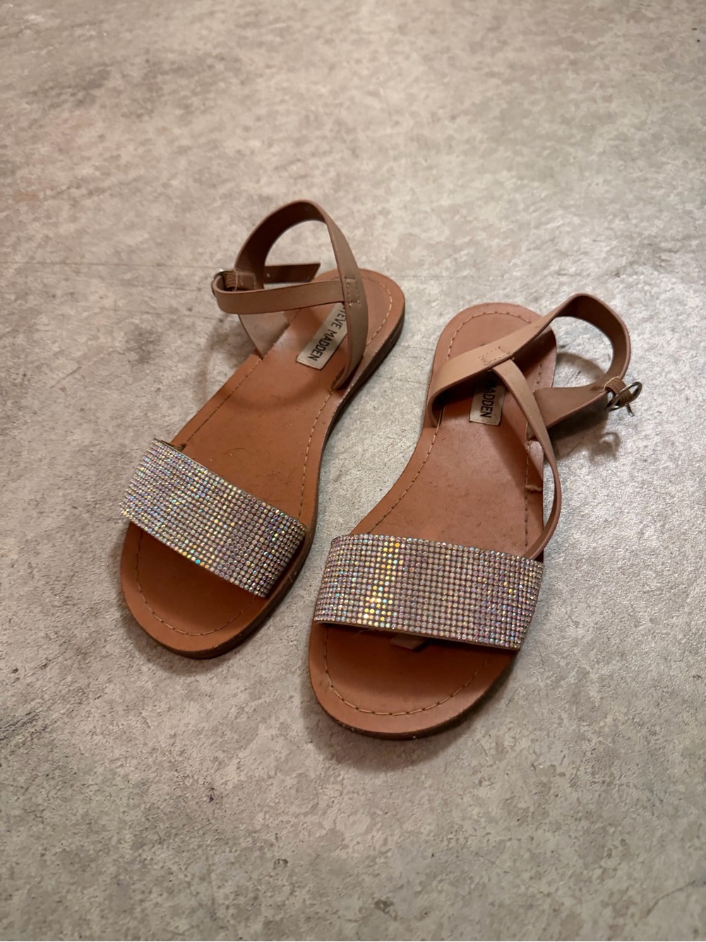 Steve Madden Tan Sandals with Rhinestone Front Strap